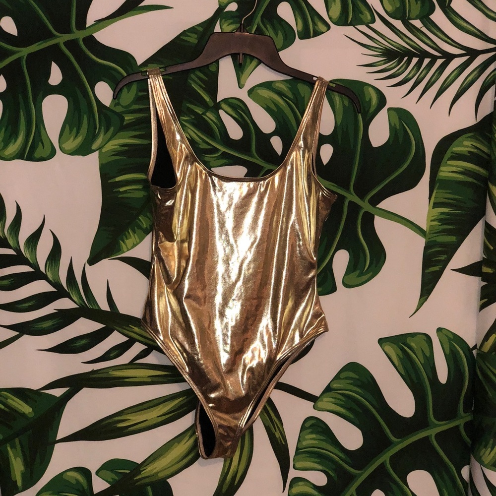 Playful promises scoop back metallic swimsuit